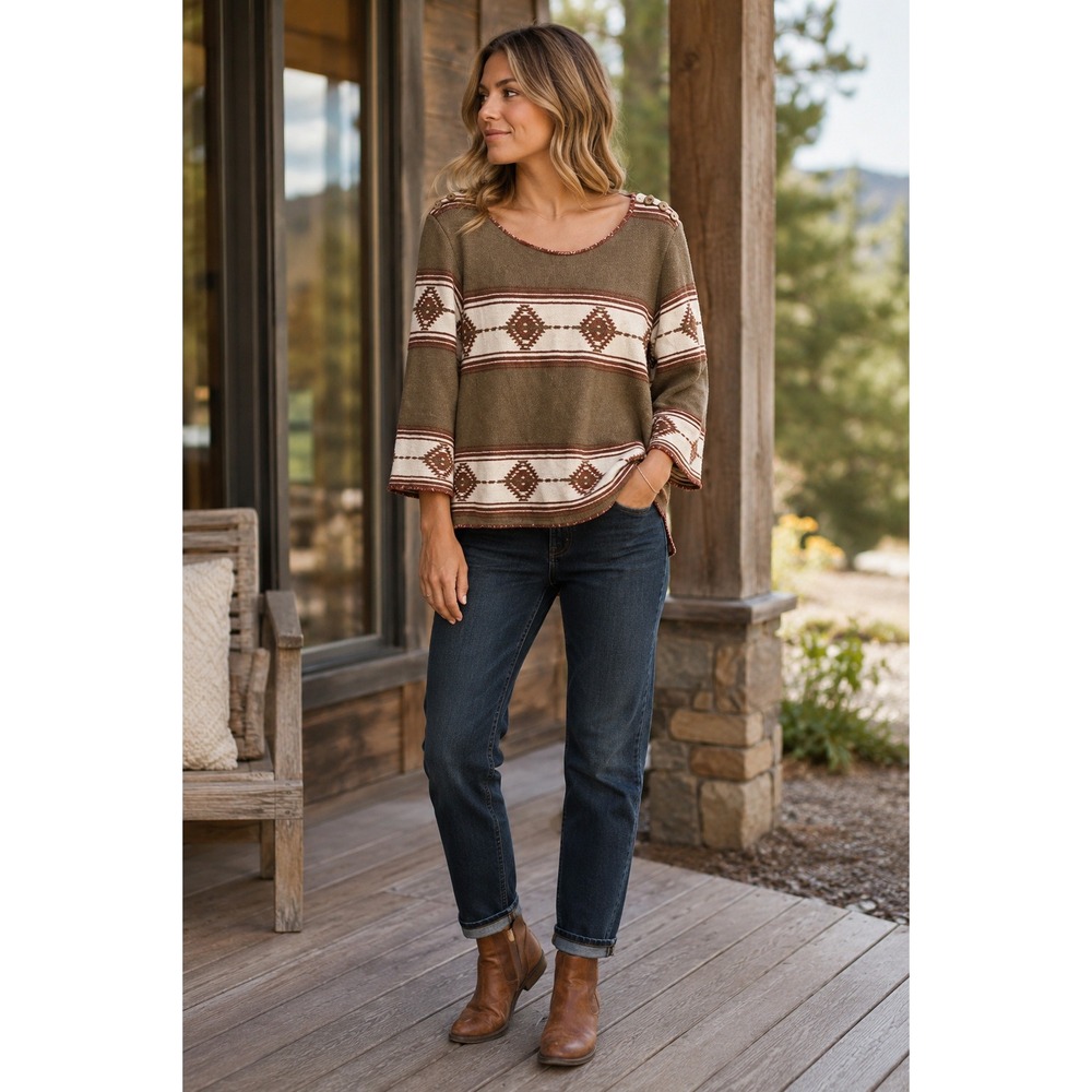 RVCA Women Southwestern Aztec Print Faux Shearling Lined Pullover Sweater M/L
